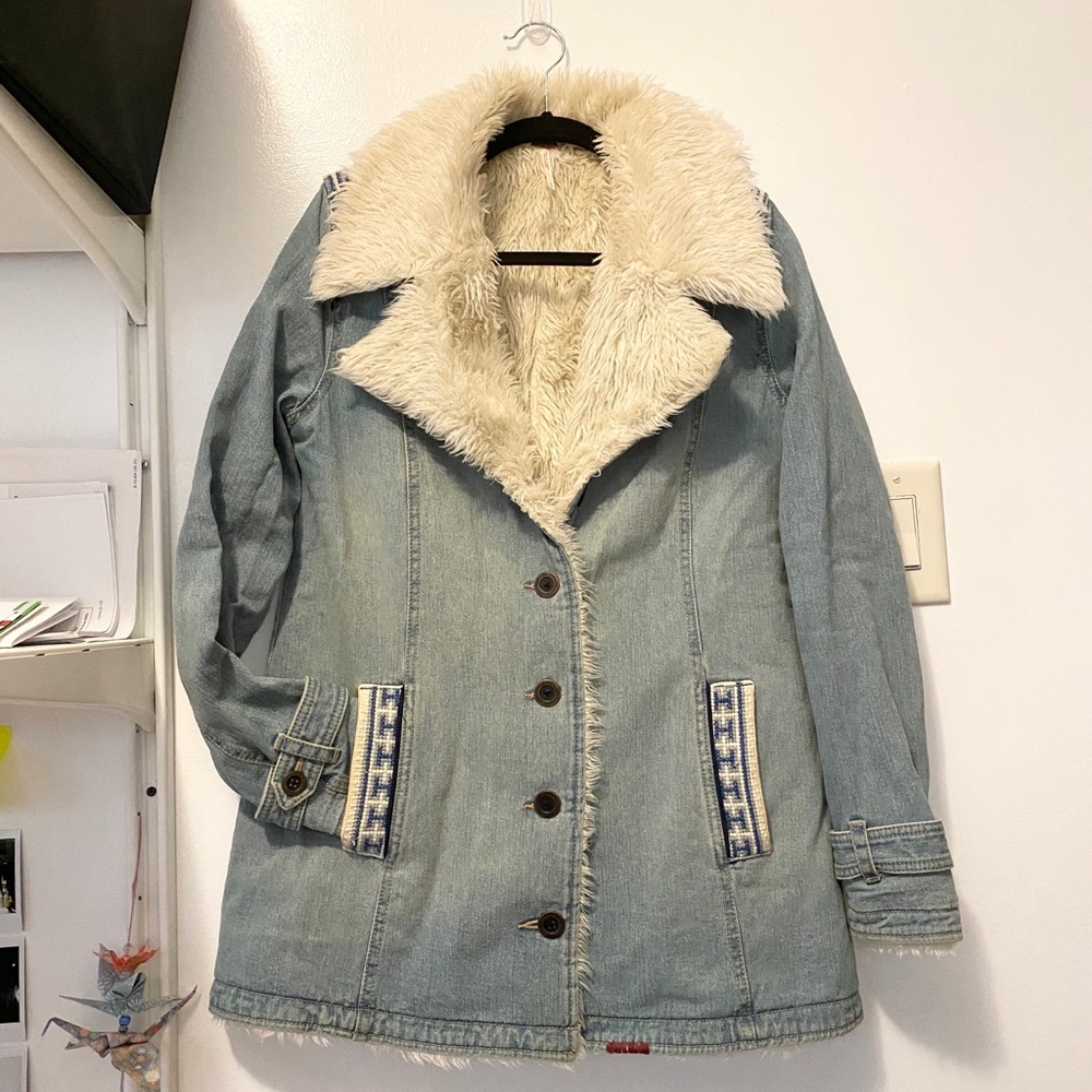 Free People BlueDistressed Denim Sherpa Jacket